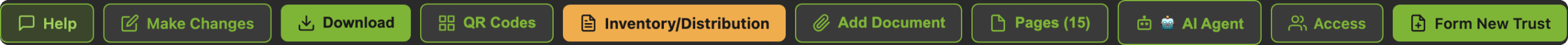 The 199Trust QR Vault action bar: Make Changes, Download, QR Codes, Inventory and Distribution, Add Document, and a scoped AI Agent button